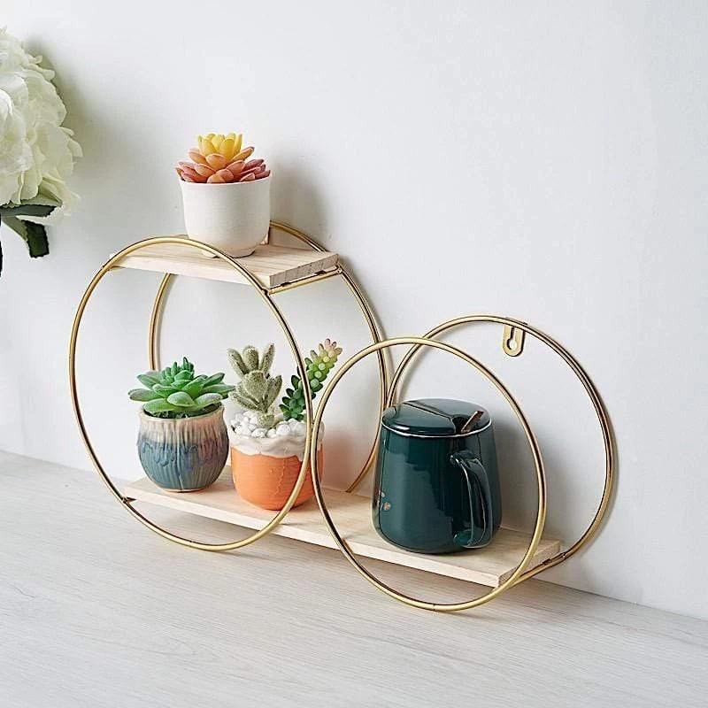 Gold And Natural 2 Tier Round Metal With Wood Geometric Floating Shelf - Image 9