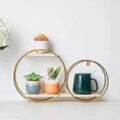 Gold And Natural 2 Tier Round Metal With Wood Geometric Floating Shelf