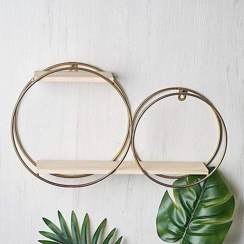 Gold And Natural 2 Tier Round Metal With Wood Geometric Floating Shelf - Image 2