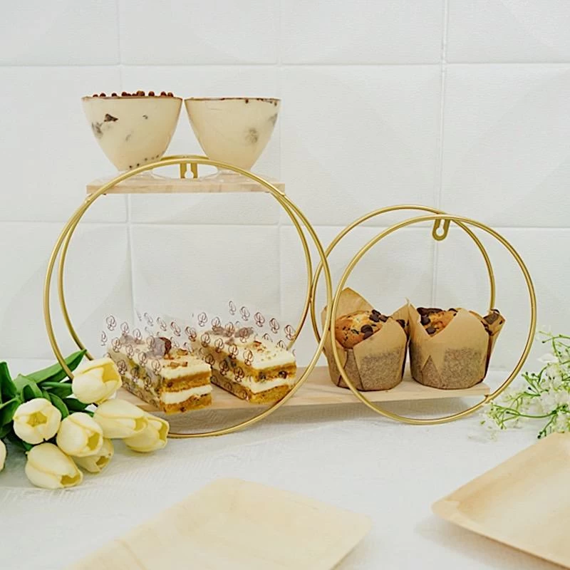 Gold And Natural 2 Tier Round Metal With Wood Geometric Floating Shelf - Image 10