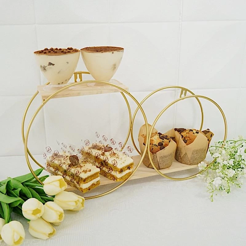 Gold And Natural 2 Tier Round Metal With Wood Geometric Floating Shelf - Image 13