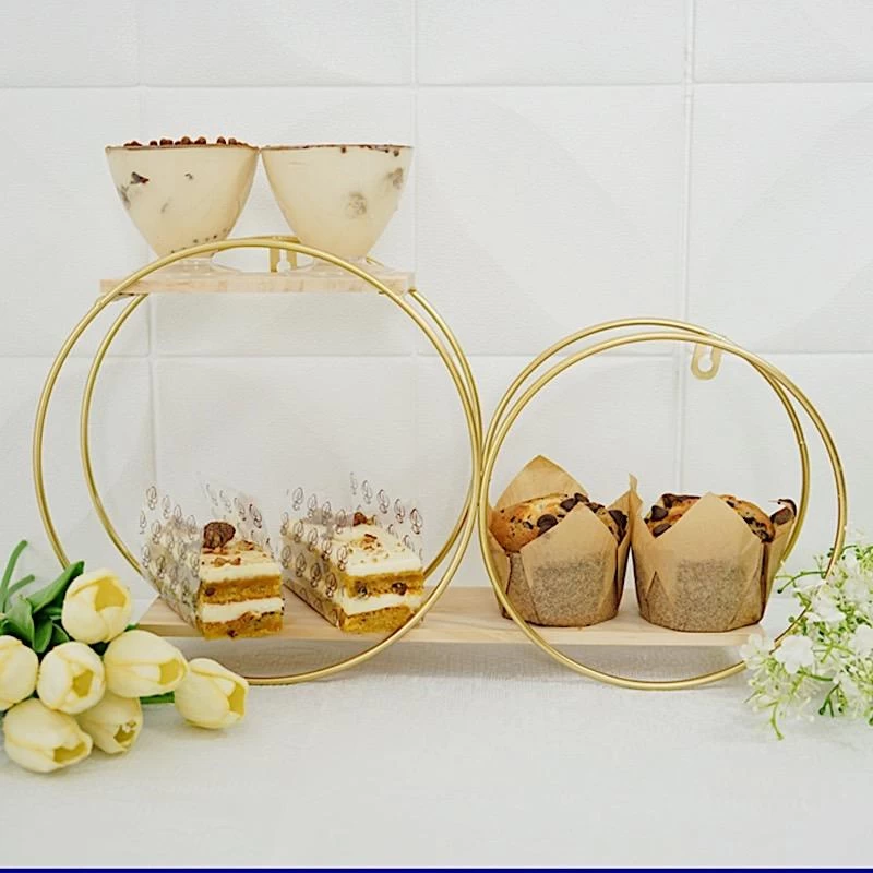 Gold And Natural 2 Tier Round Metal With Wood Geometric Floating Shelf - Image 14
