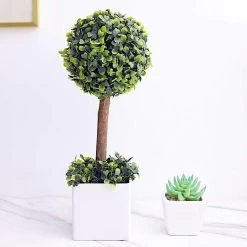Green 16 In Tall Artificial Mini Boxwood Ball Topiary Tree In White Planter Pot