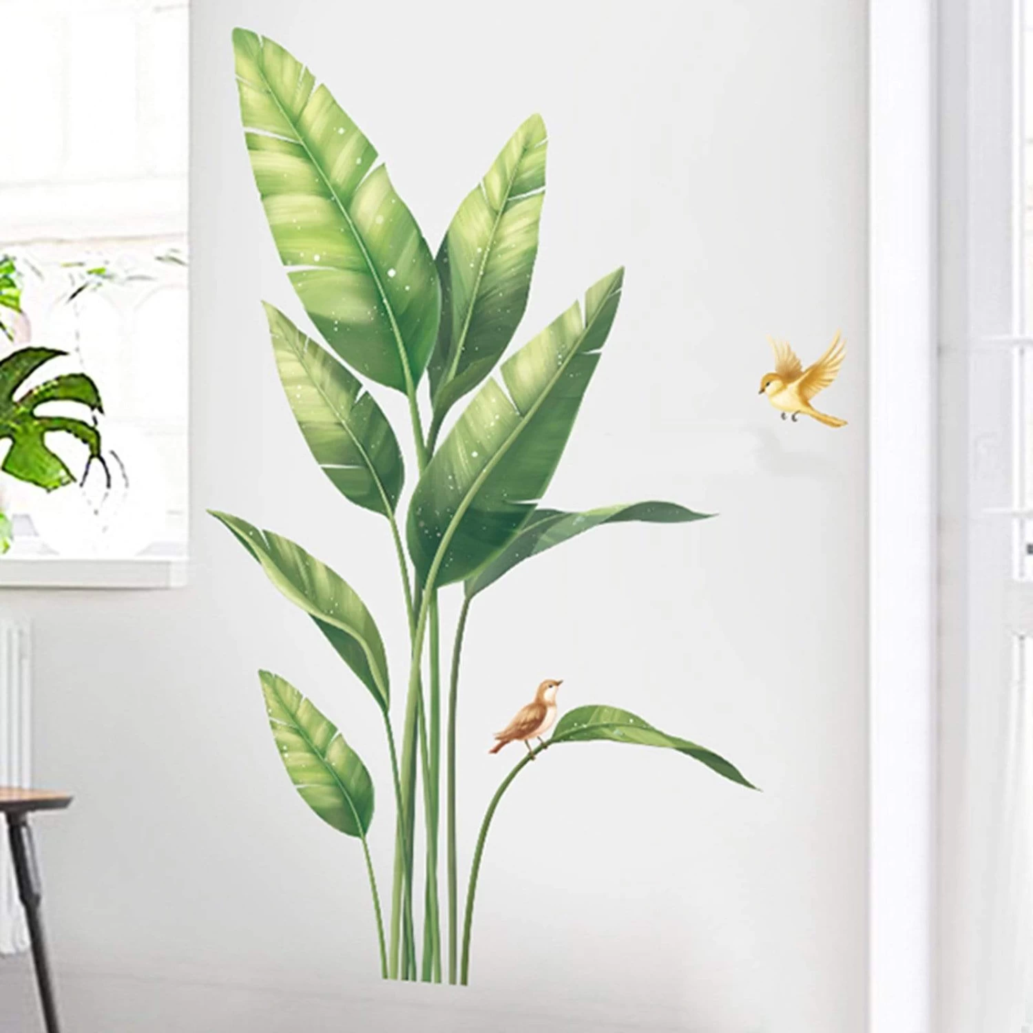 Green Tropical Plants With Birds Removable PVC Wall Stickers