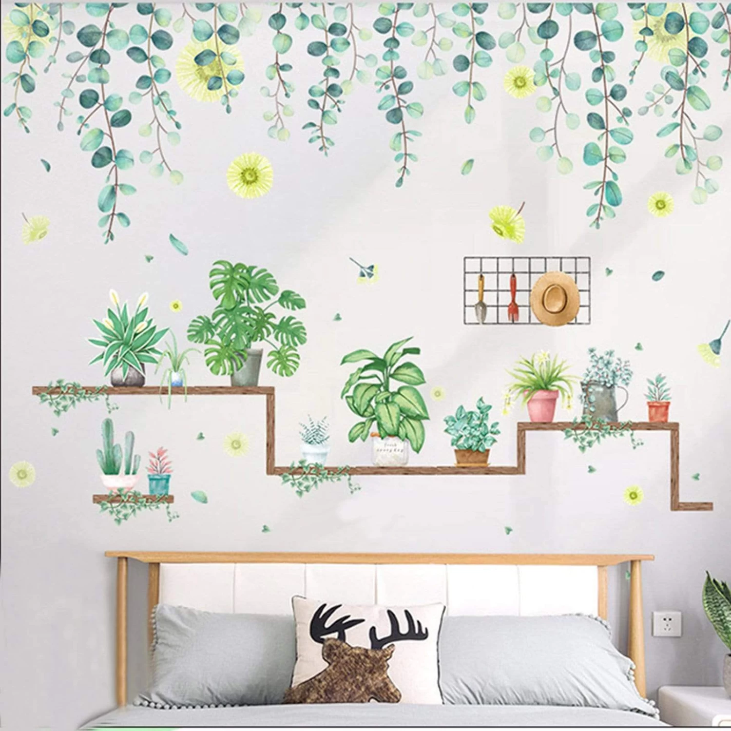 Green Potted Plants On Shelves Removable PVC Wall Stickers