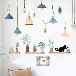Green Potted Plants With Shelves And Lamps Removable PVC Wall Stickers