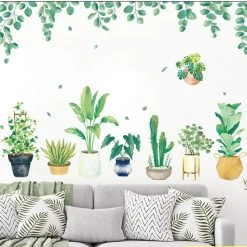 Green Potted Plants With Hanging Leaves Removable PVC Wall Stickers