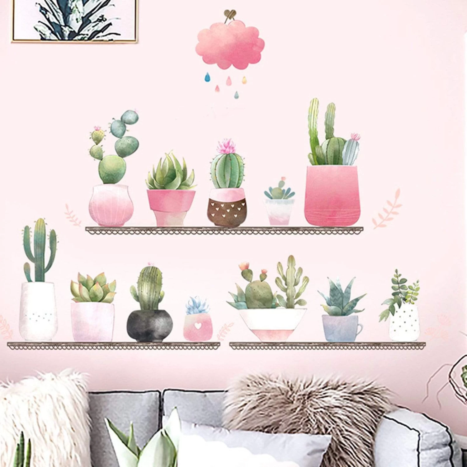 Green Potted Succulent Plants On Shelves Removable PVC Wall Stickers