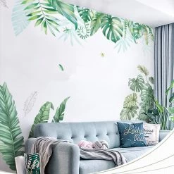 Green Tropical Assorted Hanging Leaves Removable PVC Wall Stickers