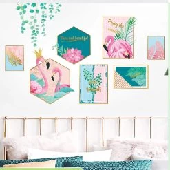 Pink And Green Flamingo Frame With Tropical Leaves Removable PVC Wall Stickers