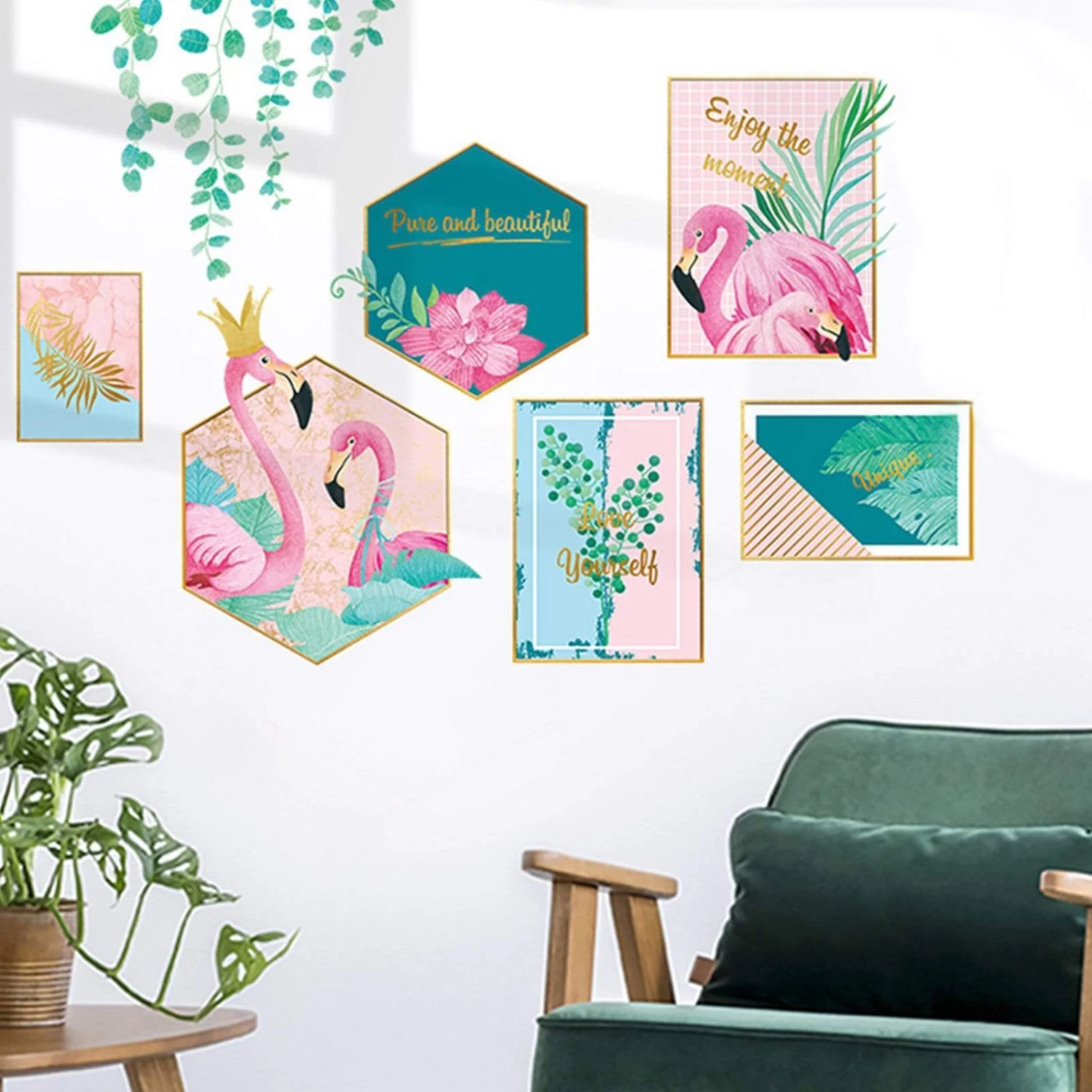 Pink And Green Flamingo Frame With Tropical Leaves Removable PVC Wall Stickers - Image 4