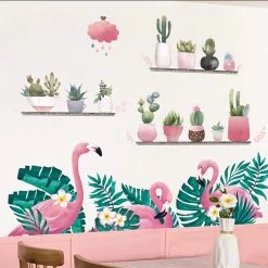 Pink And Green Flamingo With Tropical Leaves Removable PVC Wall Stickers