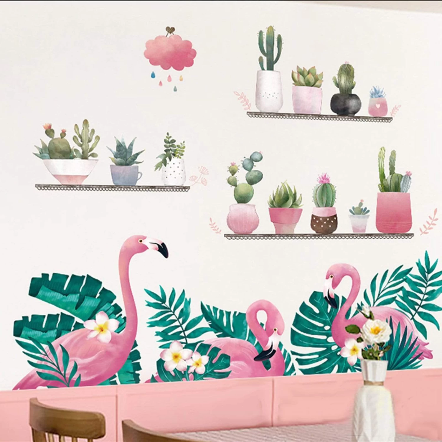 Pink And Green Flamingo With Tropical Leaves Removable PVC Wall Stickers