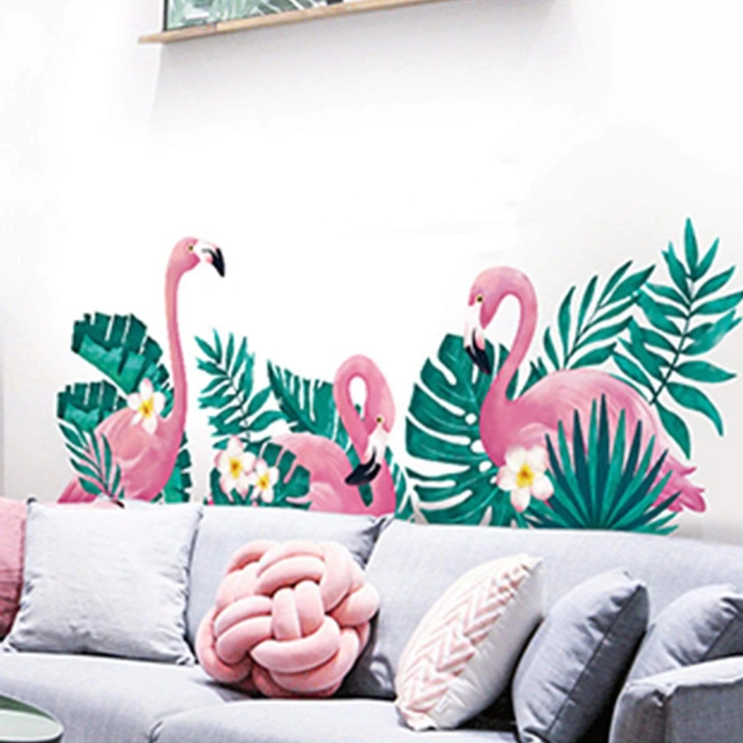Pink And Green Flamingo With Tropical Leaves Removable PVC Wall Stickers - Image 4