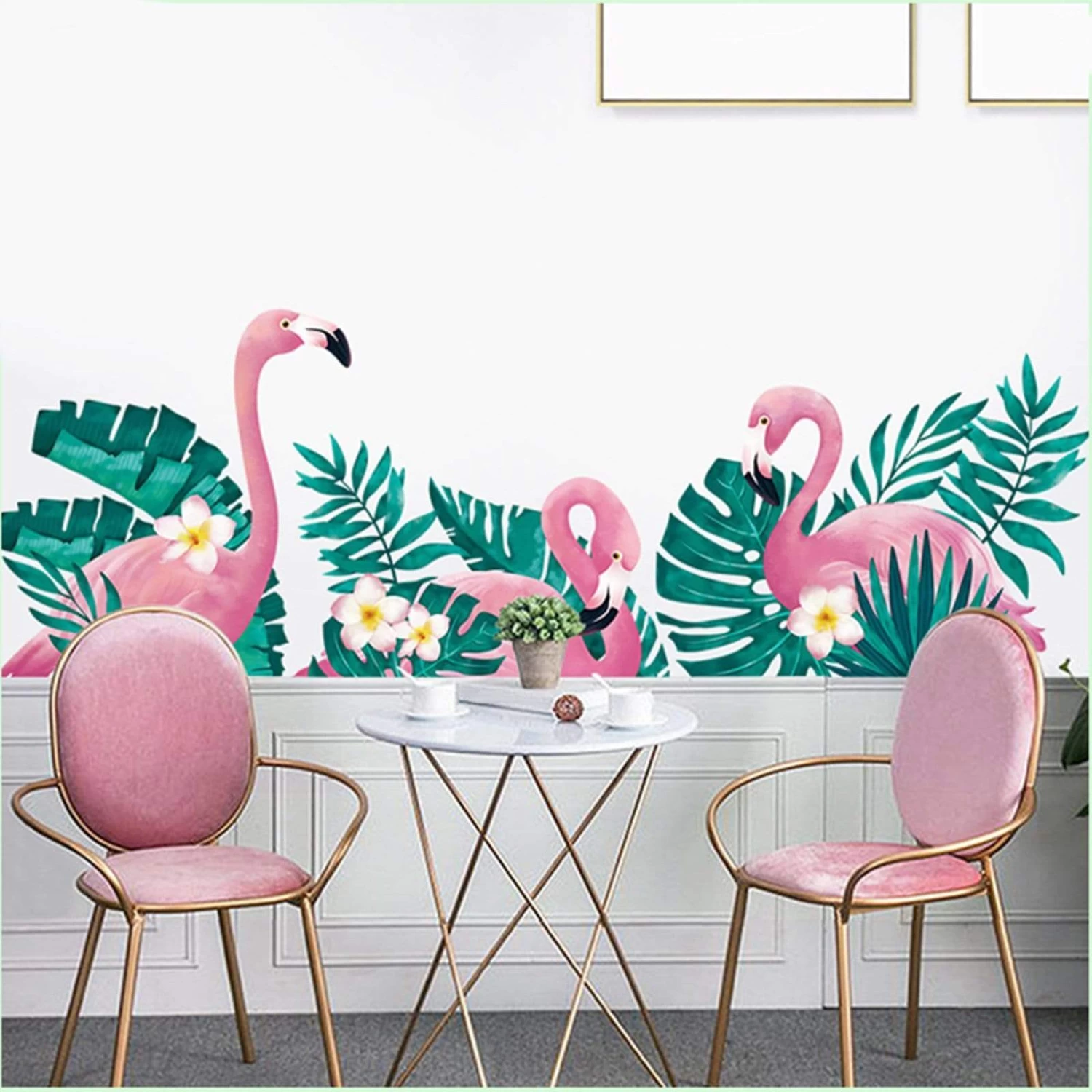 Pink And Green Flamingo With Tropical Leaves Removable PVC Wall Stickers - Image 5