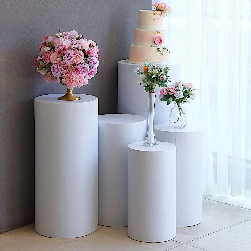 5 White Cylinder Metal Display Stands Pedestal Riser Columns - Image 3