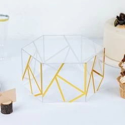 Clear 10x5 In Hexagon Acrylic Display Box Pedestal Riser With Gold Geometric Design