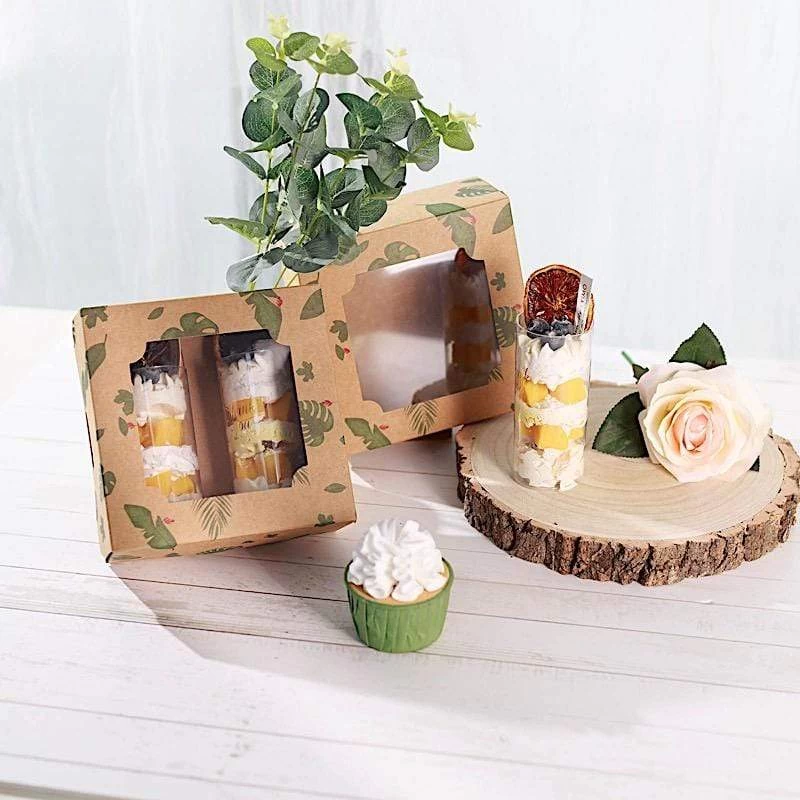 12 Brown 6 In Tropical Leaf Disposable Bakery Cake Boxes With Window - Image 3
