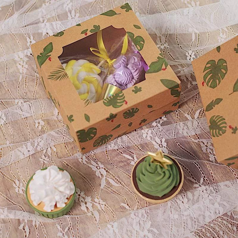 12 Brown 6 In Tropical Leaf Disposable Bakery Cake Boxes With Window - Image 7