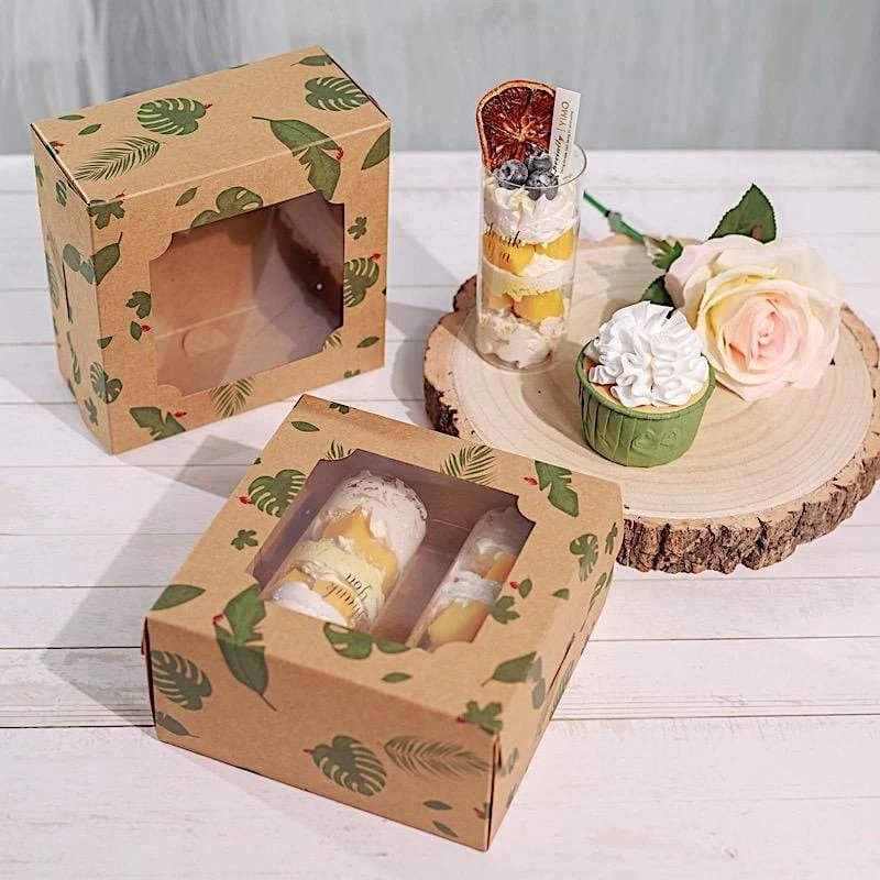 12 Brown 6 In Tropical Leaf Disposable Bakery Cake Boxes With Window