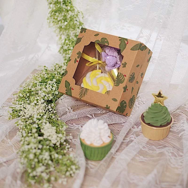 12 Brown 6 In Tropical Leaf Disposable Bakery Cake Boxes With Window - Image 6