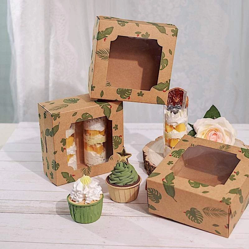 12 Brown 6 In Tropical Leaf Disposable Bakery Cake Boxes With Window - Image 4
