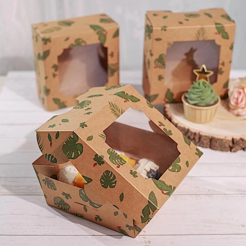 12 Brown 6 In Tropical Leaf Disposable Bakery Cake Boxes With Window - Image 2
