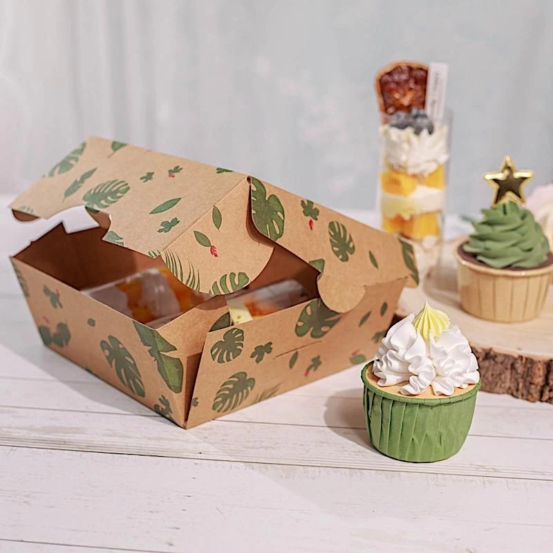 12 Brown 6 In Tropical Leaf Disposable Bakery Cake Boxes With Window - Image 5