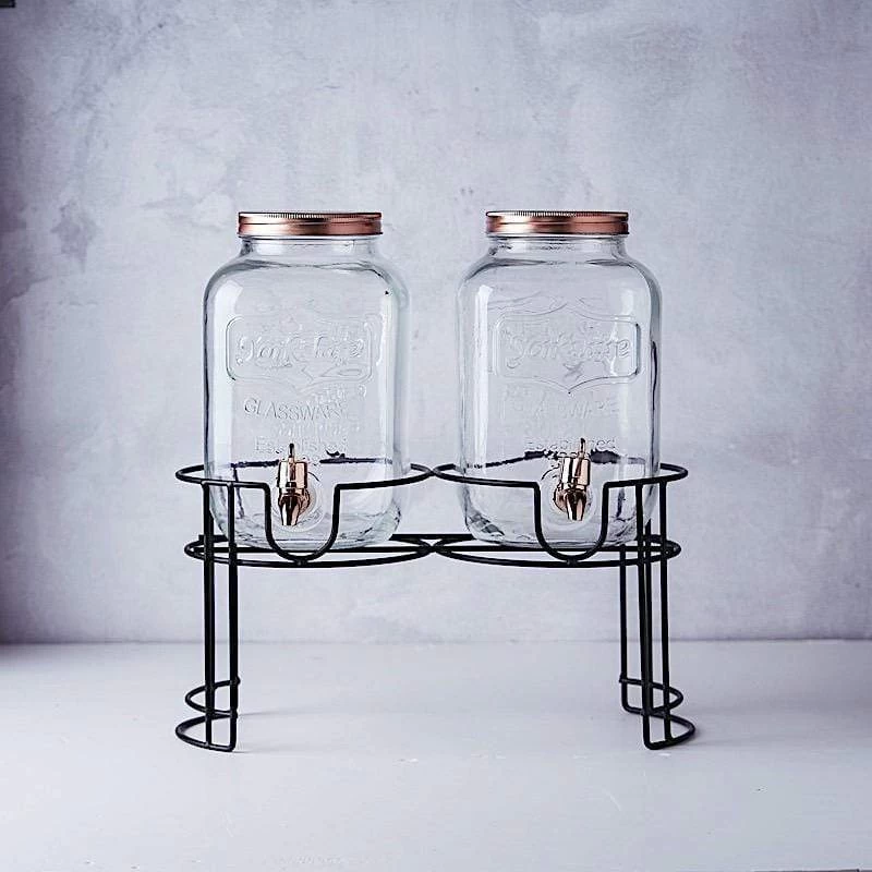 2 Pcs 2 Gallons Clear Glass Beverage Dispenser Jar With Spigot And Stand Set