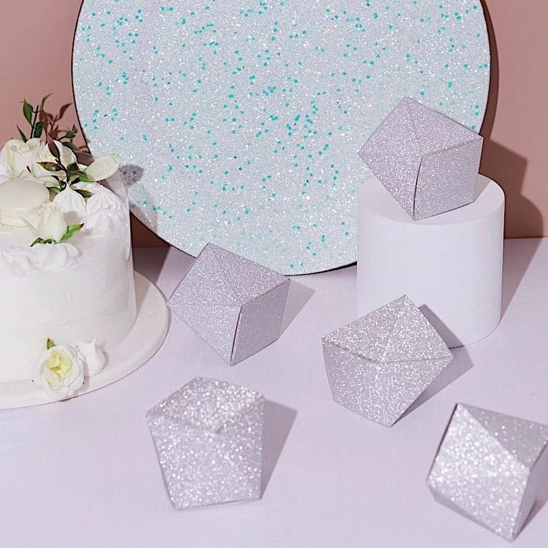 25 Silver 3 In Glittered Geometric Party Favor Gift Boxes - Image 2