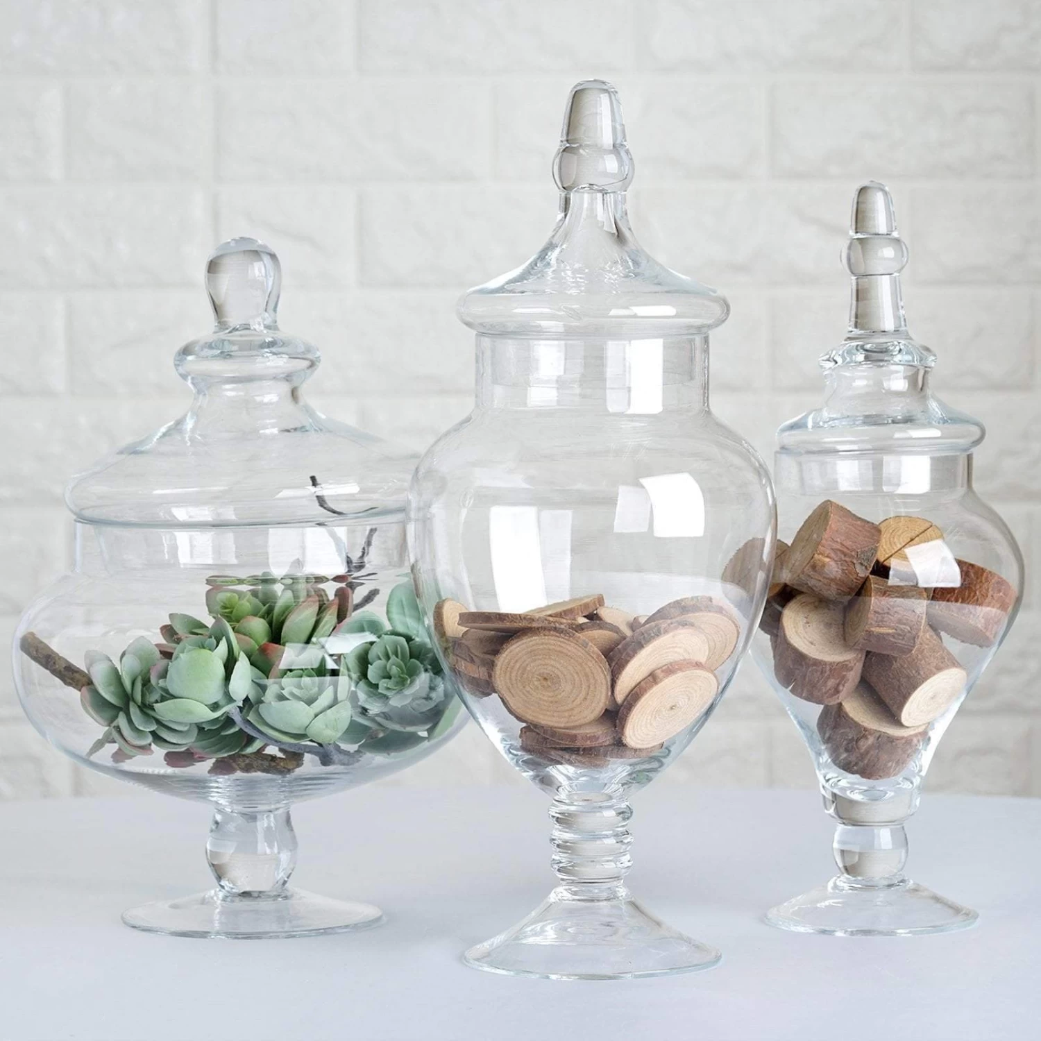 3 Pcs 10" 12" 14" Tall Clear Glass Apothecary Jars With Lids