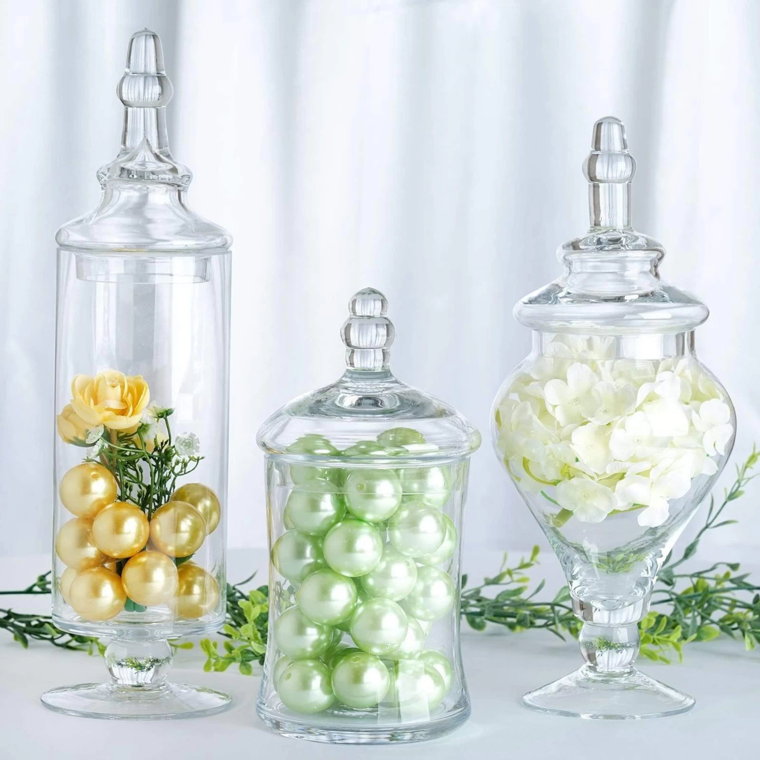 3 Pcs 9" 13" 14" Tall Clear Glass Apothecary Jars With Lids