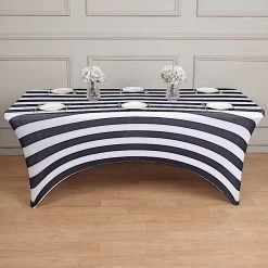 8 Ft Black And White Striped Fitted Premium Spandex Rectangular Tablecloth