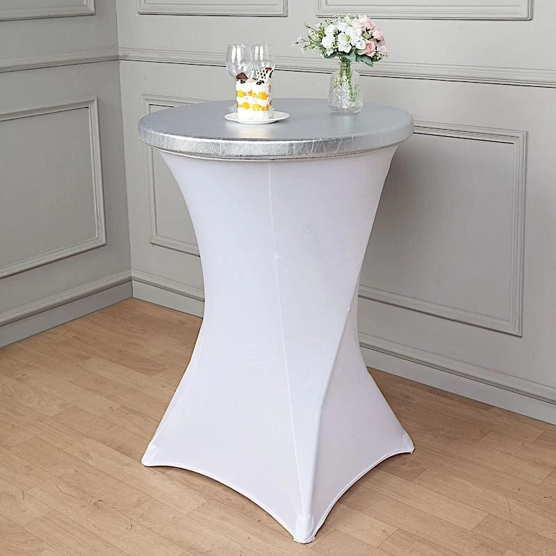Round Fitted Metallic Spandex Cocktail Table Top Cover - Image 10