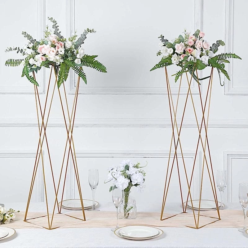 2 Gold 32 In Crisscross Geometric Metal Flower Stands Centerpieces - Image 5