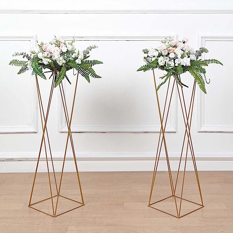 2 Gold 32 In Crisscross Geometric Metal Flower Stands Centerpieces - Image 6