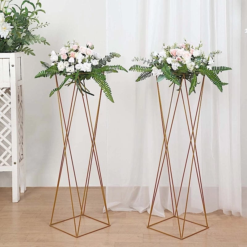 2 Gold 32 In Crisscross Geometric Metal Flower Stands Centerpieces - Image 2