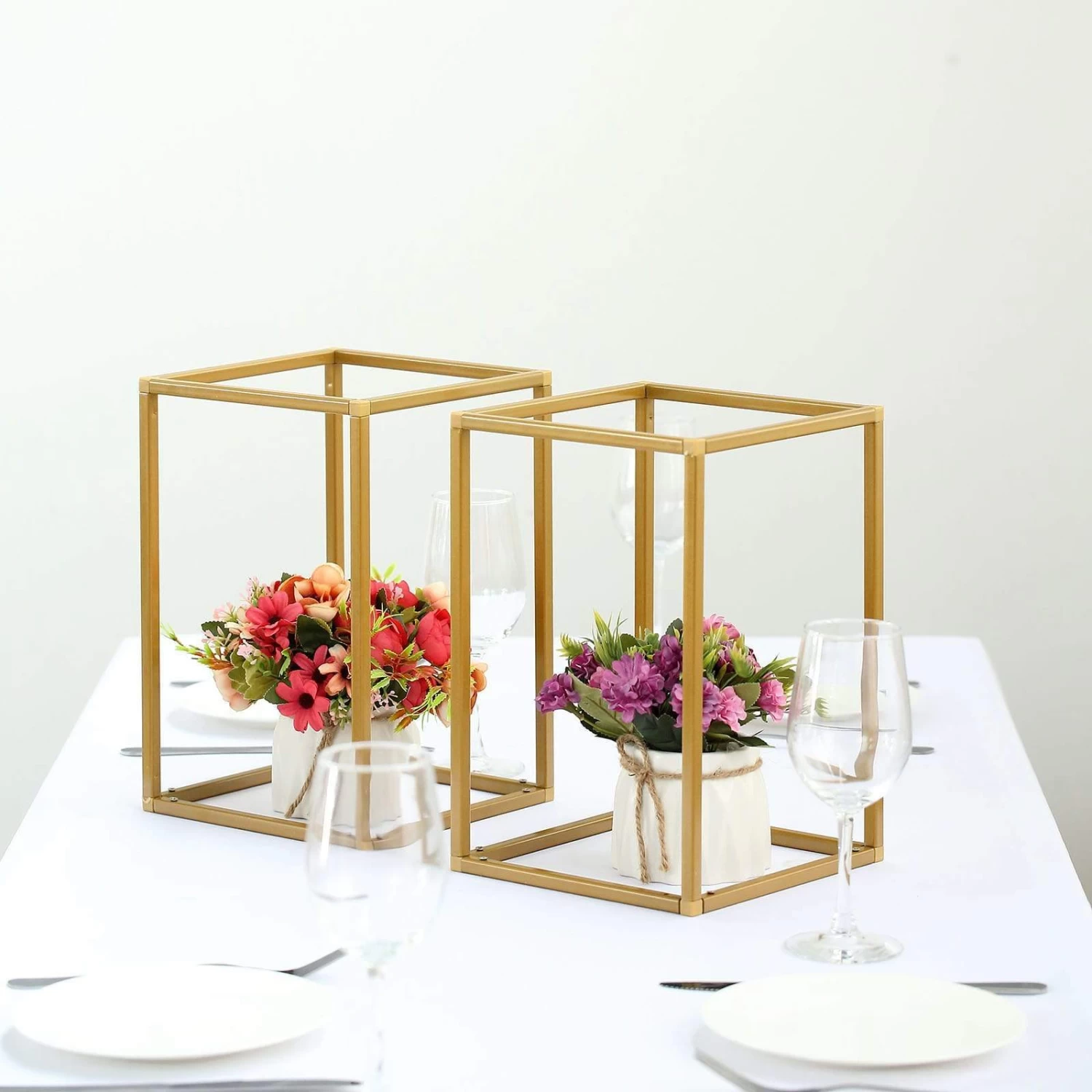 2 Pcs 12 In Tall Matte Metal Geometric Rectangular Stands Flower Vase Holders - Image 6