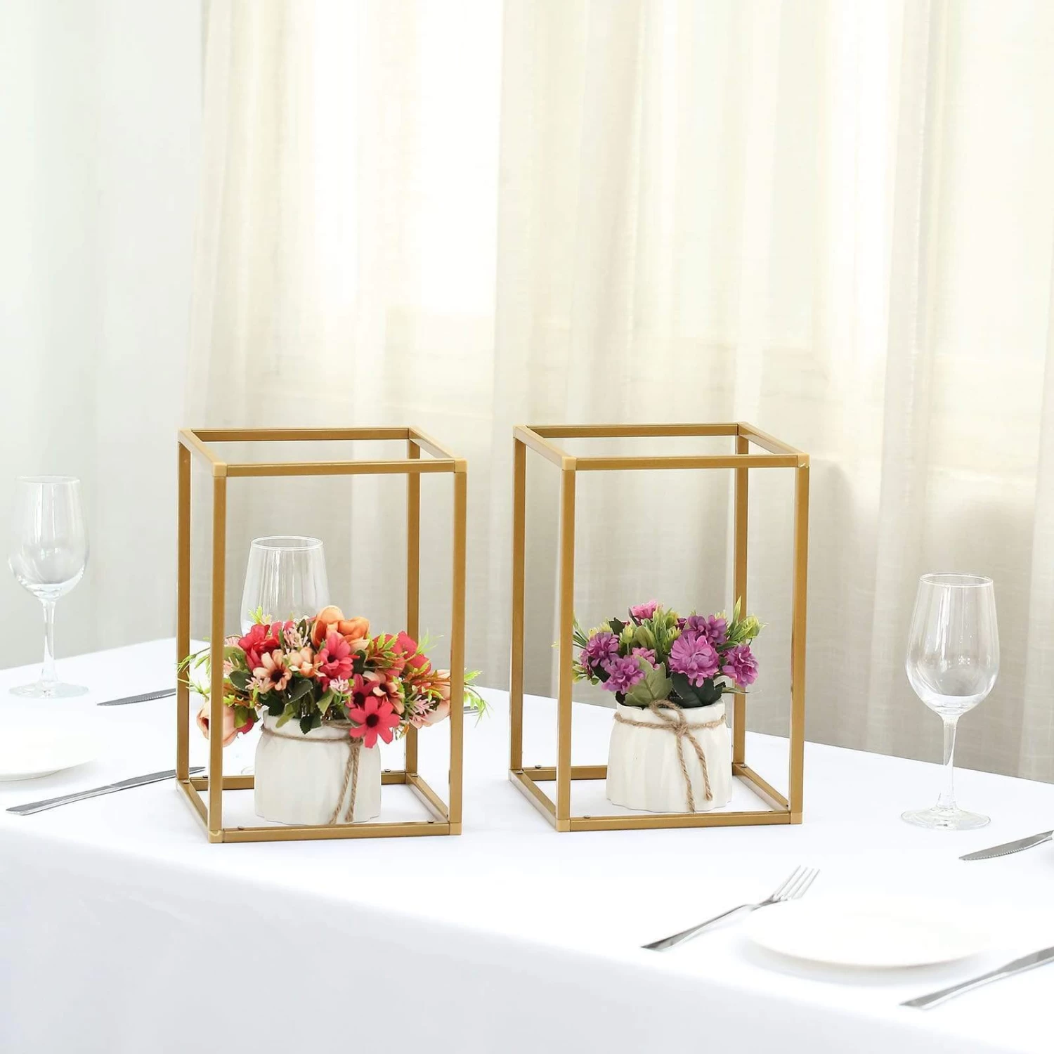 2 Pcs 12 In Tall Matte Metal Geometric Rectangular Stands Flower Vase Holders - Image 8