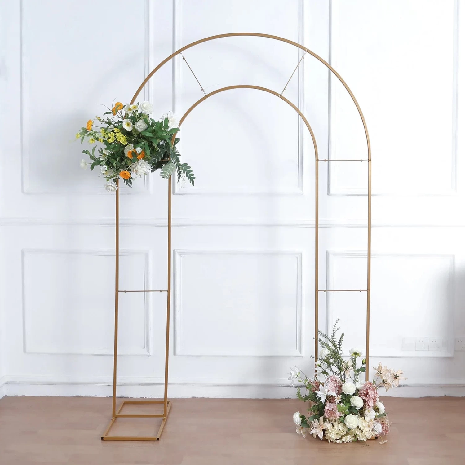 Gold 8 Feet Metal Floral Display Frame Round Top Double Arch Backdrop Stand