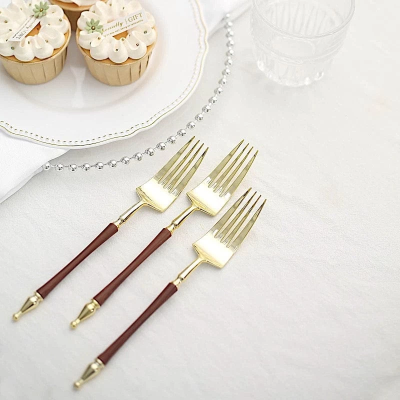 24 Gold With Brown 8 In Disposable Plastic Forks With Roman Column Handle