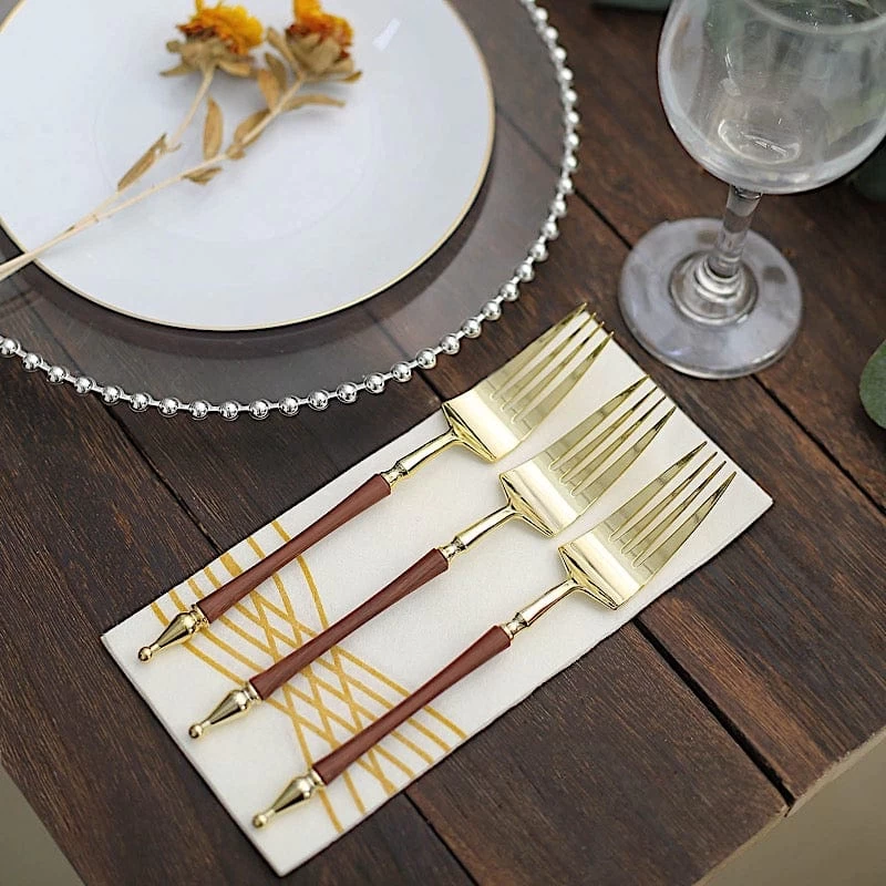 24 Gold With Brown 8 In Disposable Plastic Forks With Roman Column Handle - Image 2