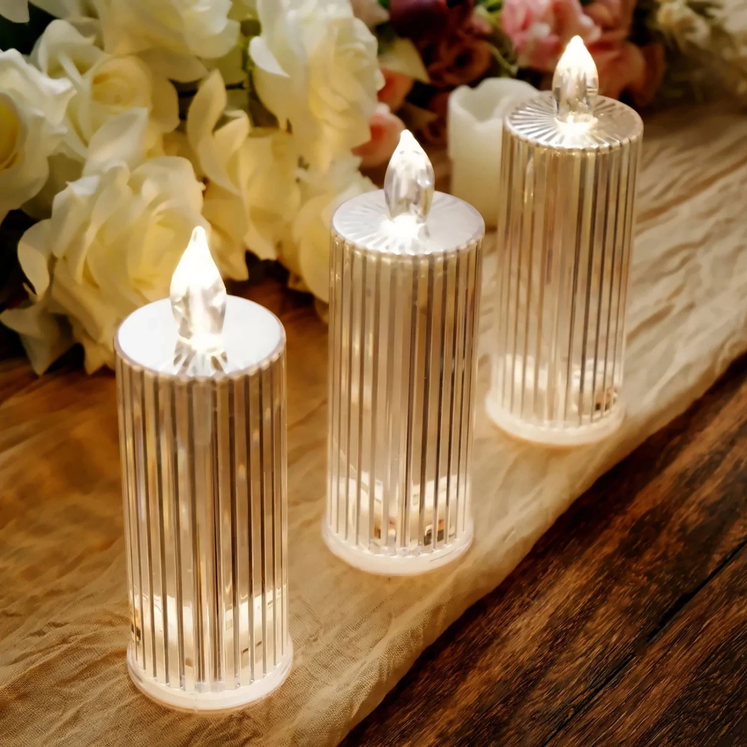 3 Warm White 6 In Battery Operated Diamond Light Pillar LED Candles - Image 8