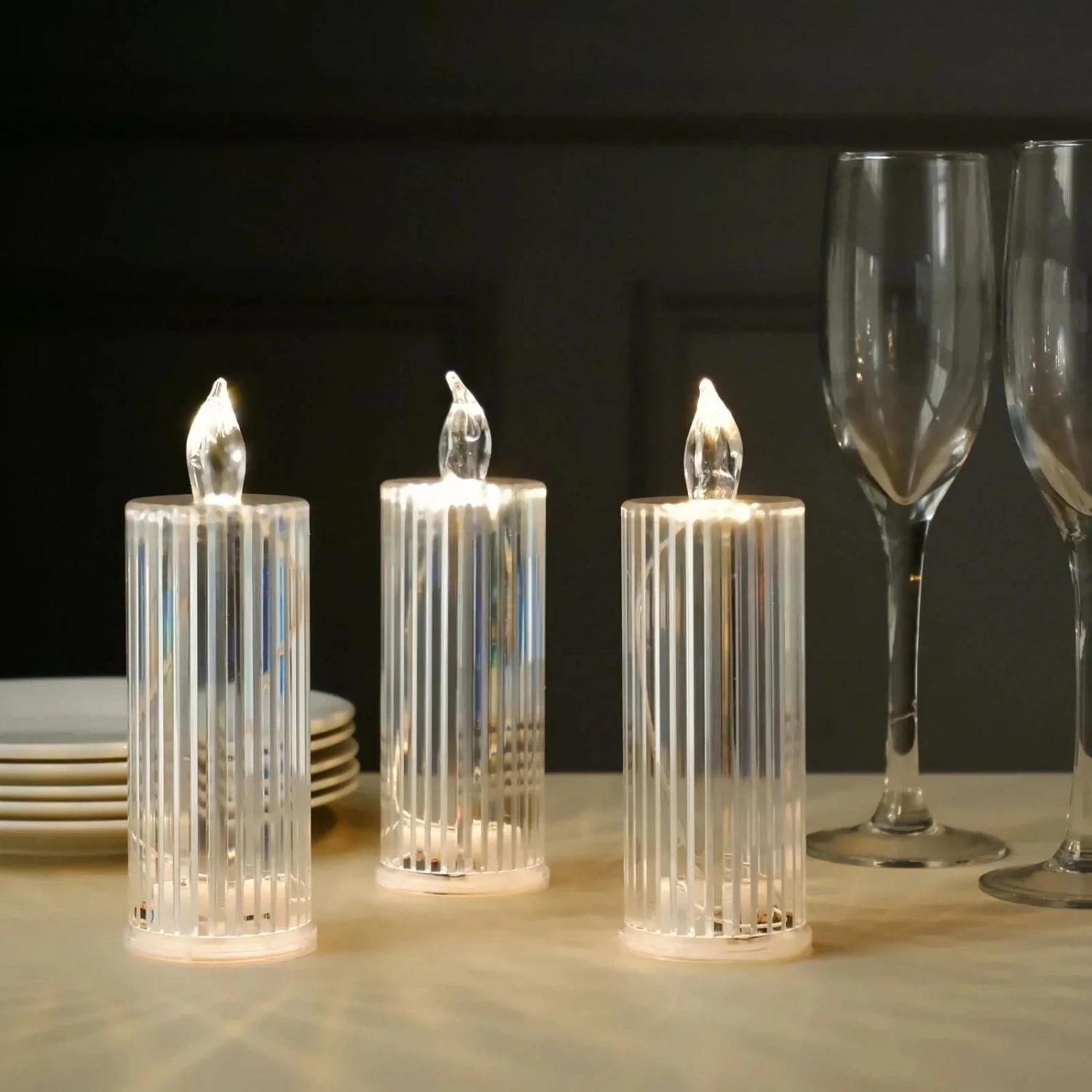 3 Warm White 6 In Battery Operated Diamond Light Pillar LED Candles - Image 3