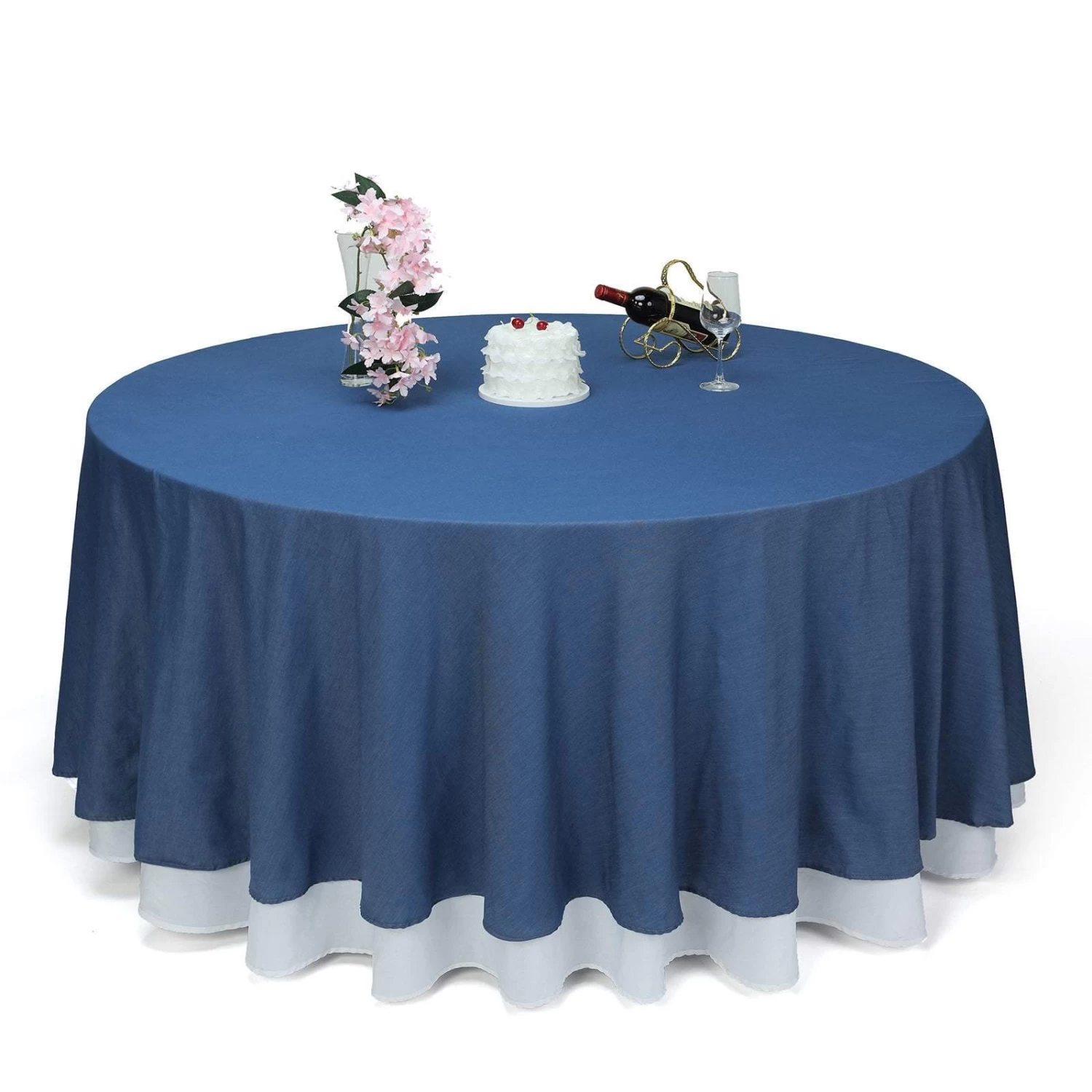 120 Inch Dark Blue Faux Denim Polyester Round Tablecloth - Image 2