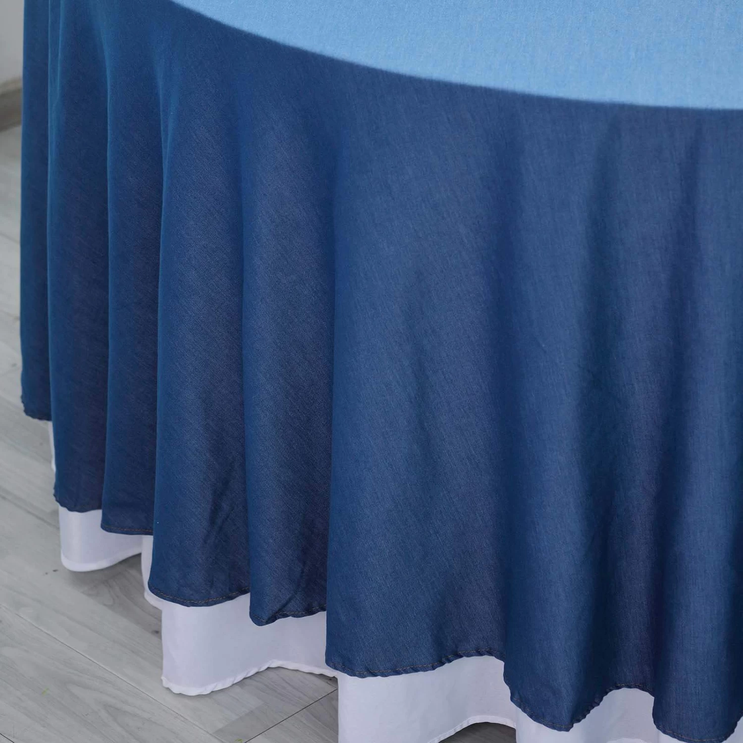 120 Inch Dark Blue Faux Denim Polyester Round Tablecloth - Image 4