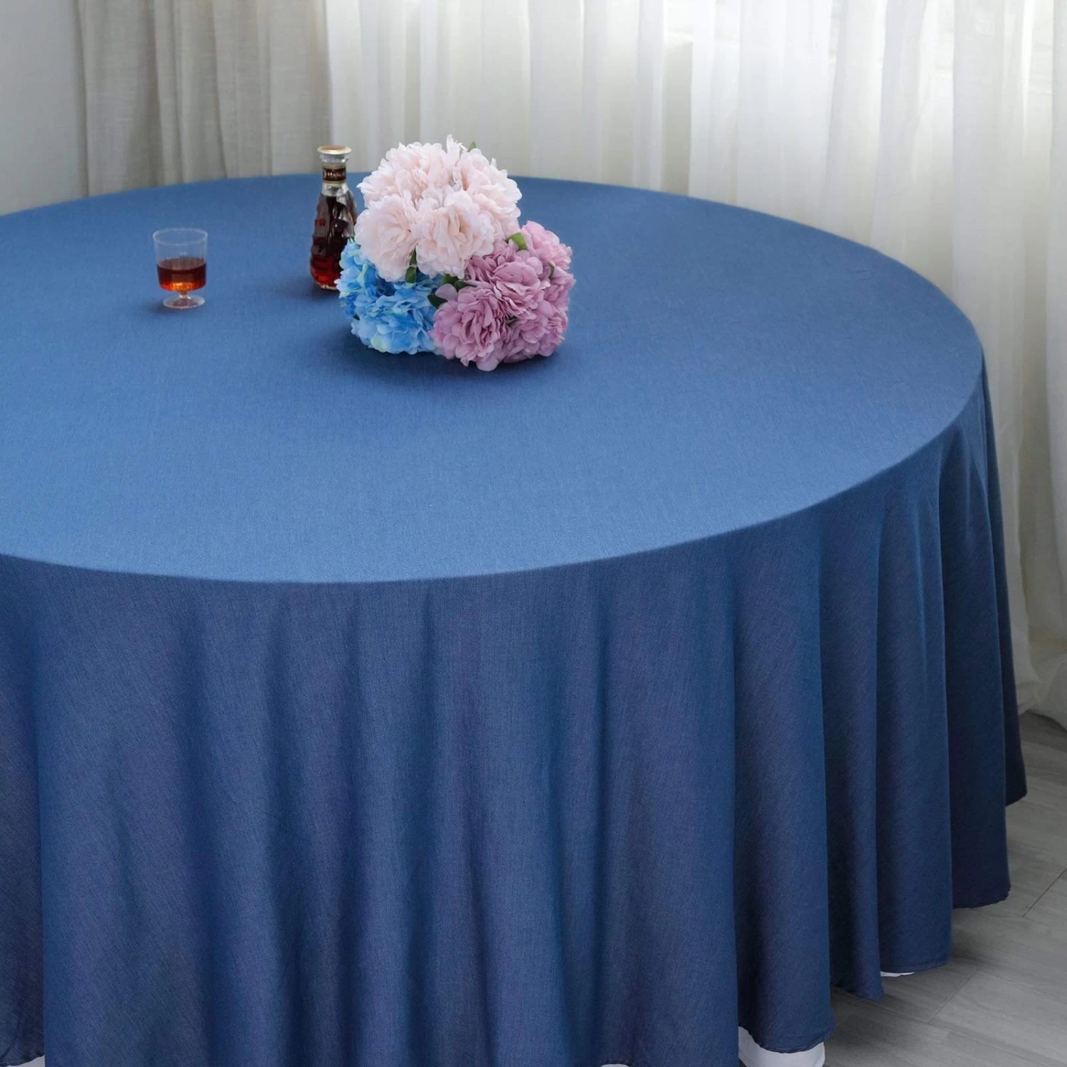 120 Inch Dark Blue Faux Denim Polyester Round Tablecloth - Image 3