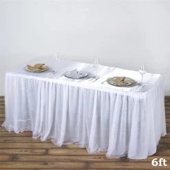 6 Feet White Satin Fitted Tablecloth With 3 Layers Tulle