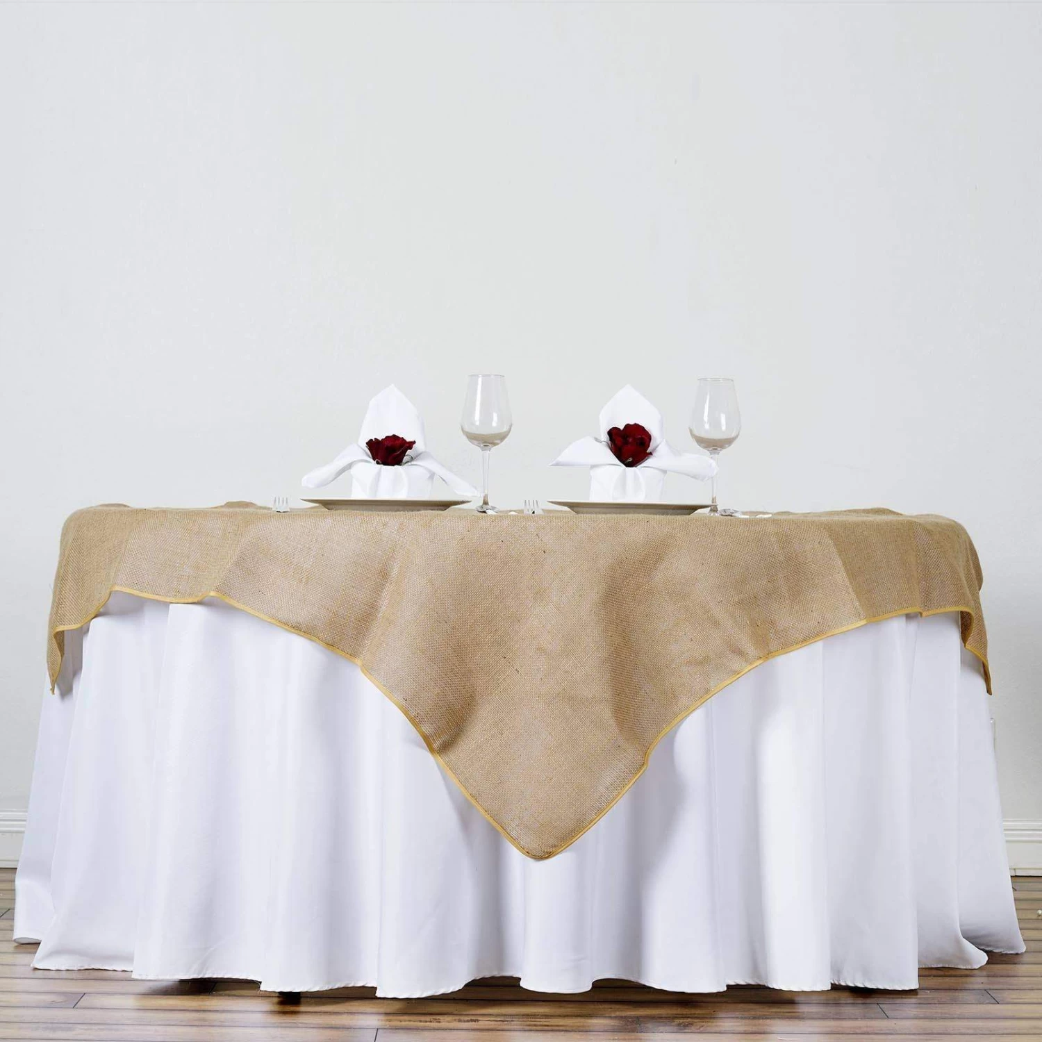 60 Inch Natural Brown Burlap Square Table Overlay - Image 5