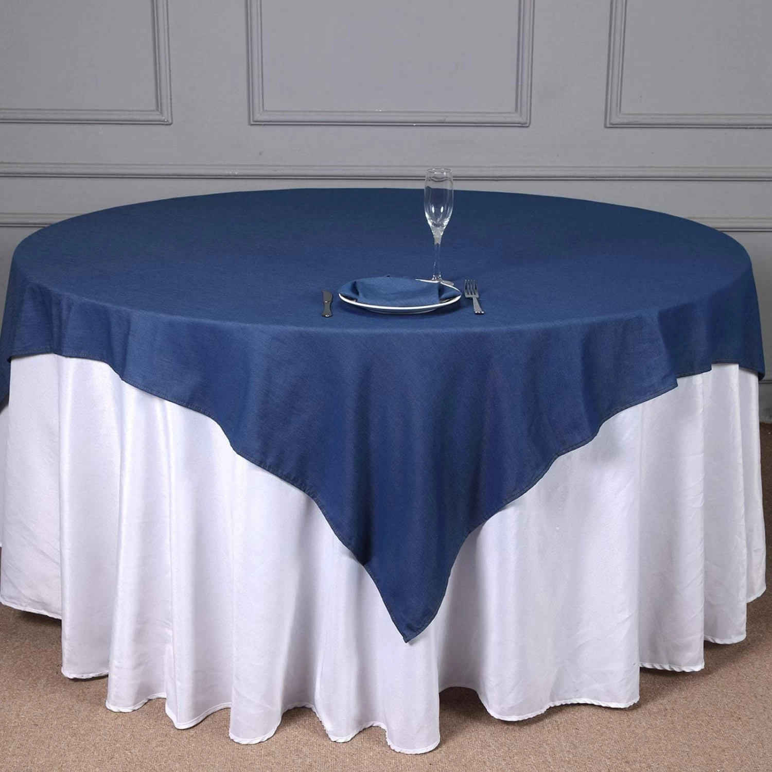 72 Inch Dark Blue Faux Denim Polyester Table Overlay - Image 2
